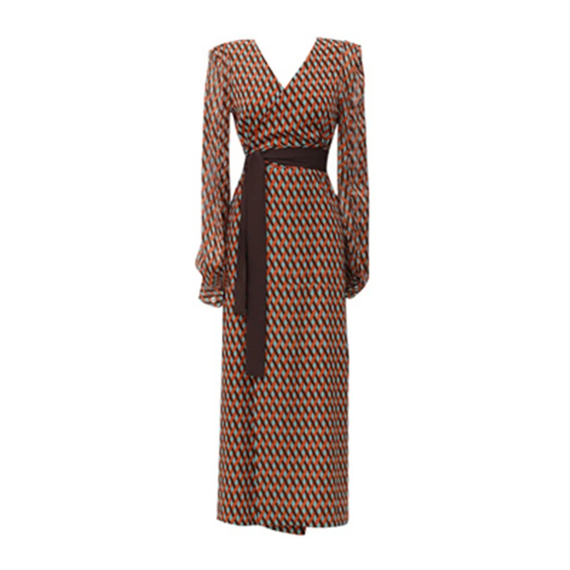 

PERHAPS U Korean Version Khaki Plaid Print V Neck Chiffon Sash Long Sleeve Split Midi Dress Summer Beach D1799