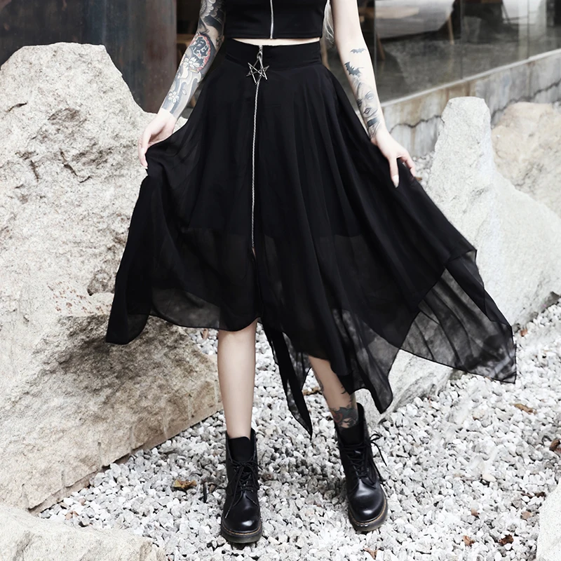 

Summer Mesh Irregular Women Skirts Pentagram Zipper Black Punk Skirts Gothic Darkness Lady Skirt Casual Loose Streetwear Skirts