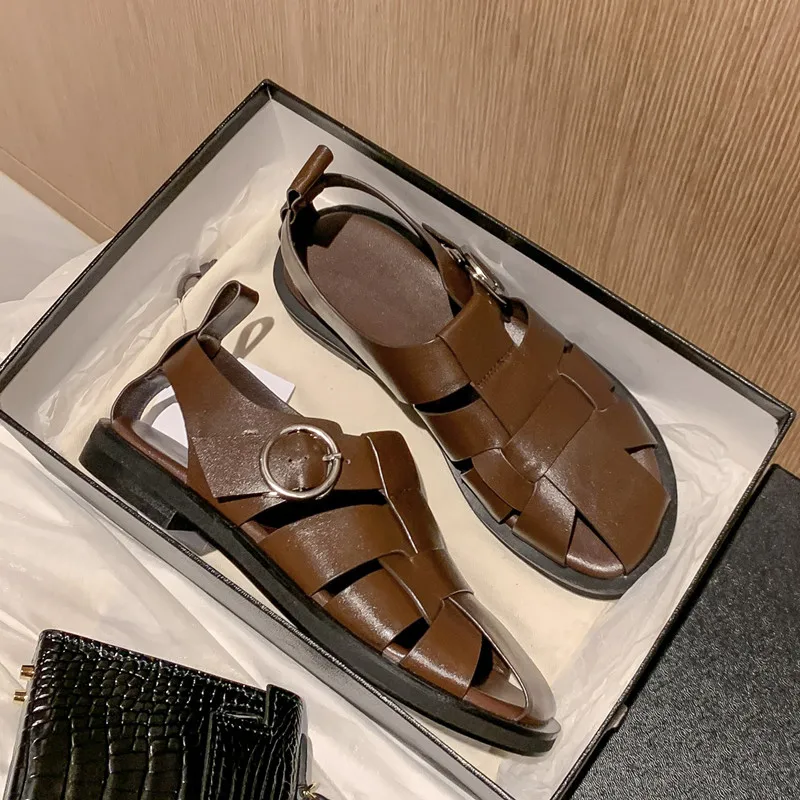 

2021 Summer Newest Women Sandals Buckle Genuine Leather Thick low Heels Pumps For Women Vintage Party Basic Shoes Woman
