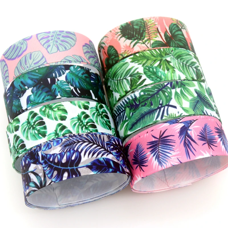 

DUWES 50yards Leaf Jungle Printed Grosgrain Ribbon Accessory Hairbow Headwear Decoration DIY Wholesale OEM D1655