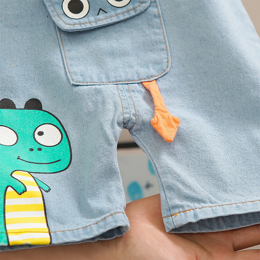 

Children's casual children's suit summer clothes 0-4 years old boy cartoon pocket dinosaur T-shirt short sleeve jeans Suspenders