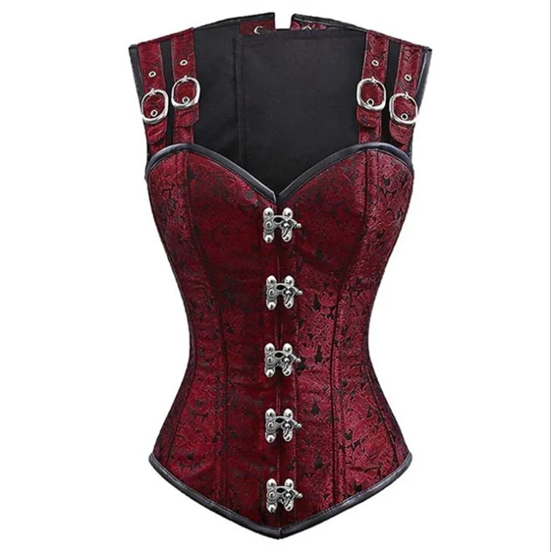 

Gothic Steampunk Costume Waist Trainer Underbust Waist Cincher Claret Black Jacquard Top Bustier Corsets For Women Plus Size 2XL