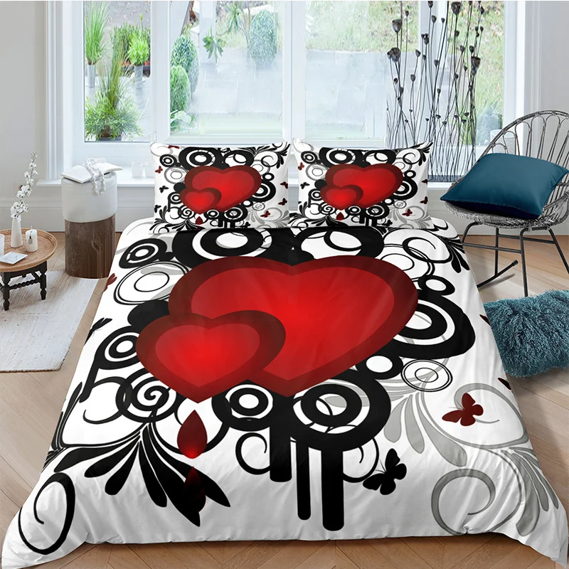 Red Love Heart Print Duvet Cover Sets Nordic Bedding Set Quilt Pillowcase Single Twin Full Queen King Size Bed | Дом и сад