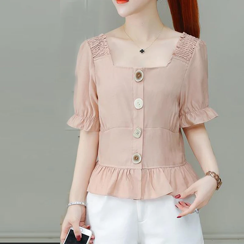 

Women's Spring Summer Style Blouses Shirt Women's Solid Color Button Ruffles Square Collar Short Sleeve Korean Tops SP109