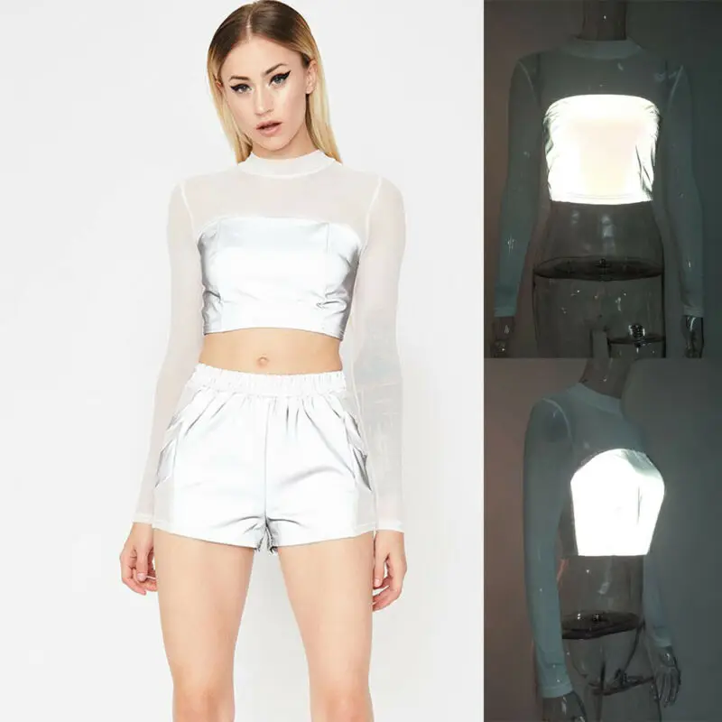 Модные женские летние сетчатые футболки с длинными рукавами светоотражающая