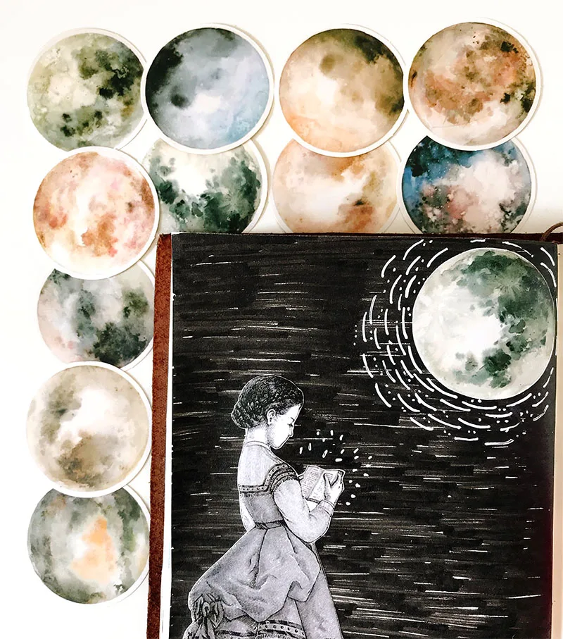 11 шт./пакет Винтаж круглое лунное ожерелье с акварелью Стикеры DIY ремесло