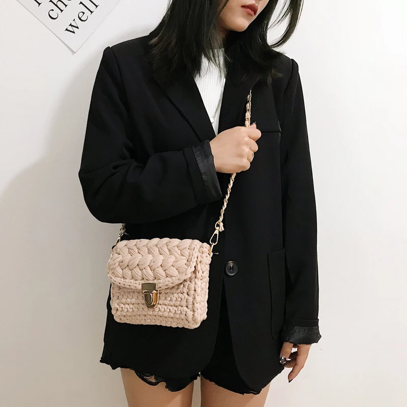 

Casual Solid Hand-woven Square Women Bags Cotton Handmade Crochet Women's Shoulder Bag Chains Lock Crossbody Bags For Women 2020
