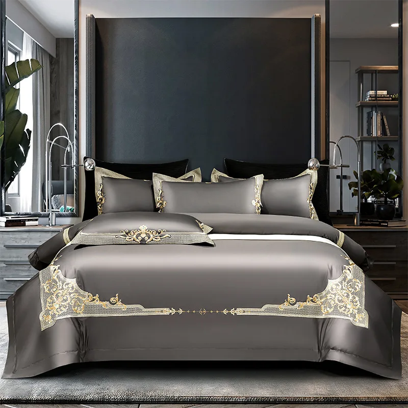 

Chic Grey Green Embroidery Duvet cover sets High End 1000TC Egyptian Cotton Beddding set 4/6pcs Queen King bed sheet pillowcases