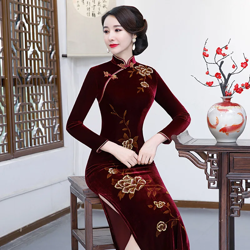 Платье с длинными рукавами для мамы винтажное китайское платье cheongsam из бархата