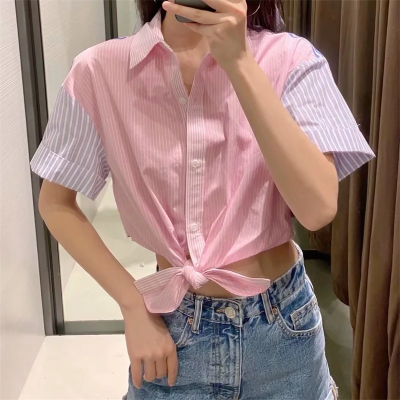 

ZXQJ 2021 Модные женские Лоскутные Полосатые свободные блузки винтажные женские рубашки с коротким рукавом и пуговицами с узлом на подоле шика...