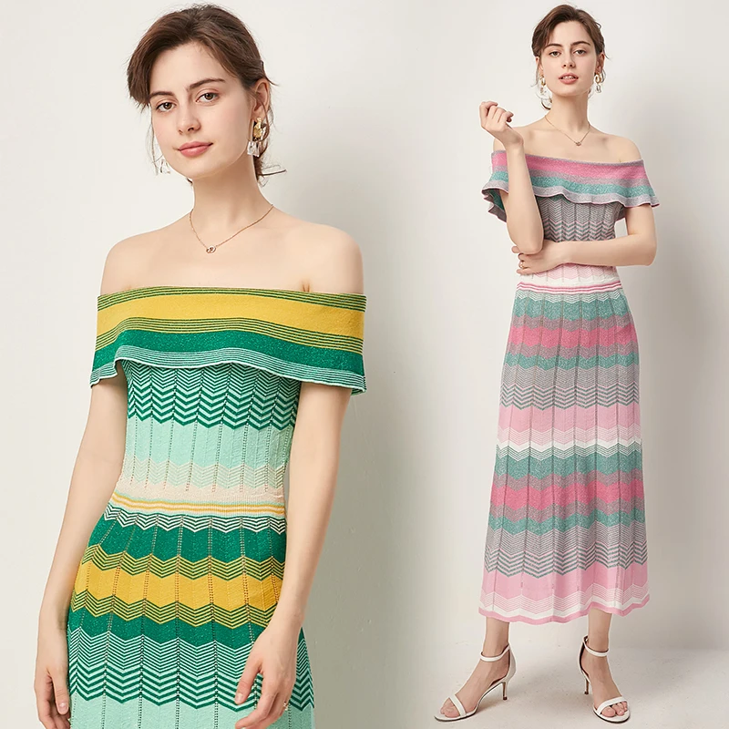 

Women colorful Striped Off Shoulder Knitted Dress 2020 Summer High Waist Short Sleeve slash neck knitting dresses Vestidos