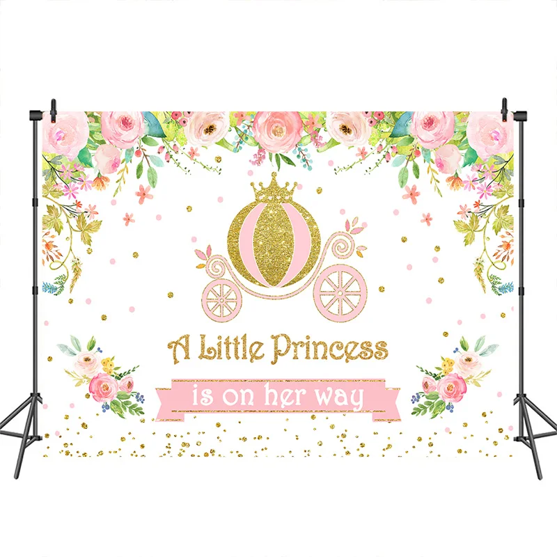 

Baby Shower Flowers Gold Dots Crown Carriage A Little Princess Is On Her Way Photography Backgrounds Photocall Photo Studio