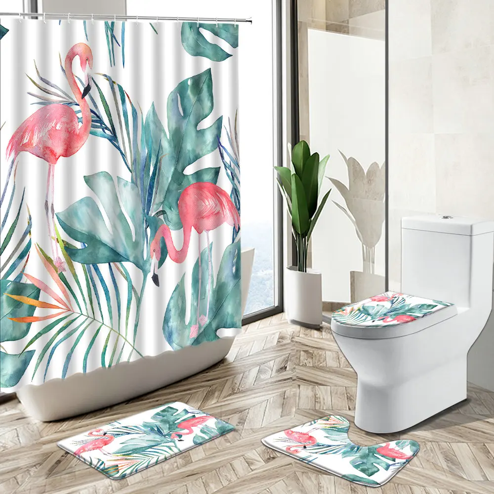 

3D Pink Flamingo Shower Curtain Tropical Green Plant Nordic Flower Water Colors Non-Slip Pedestal Rug Toilet Cover Bathroom Set
