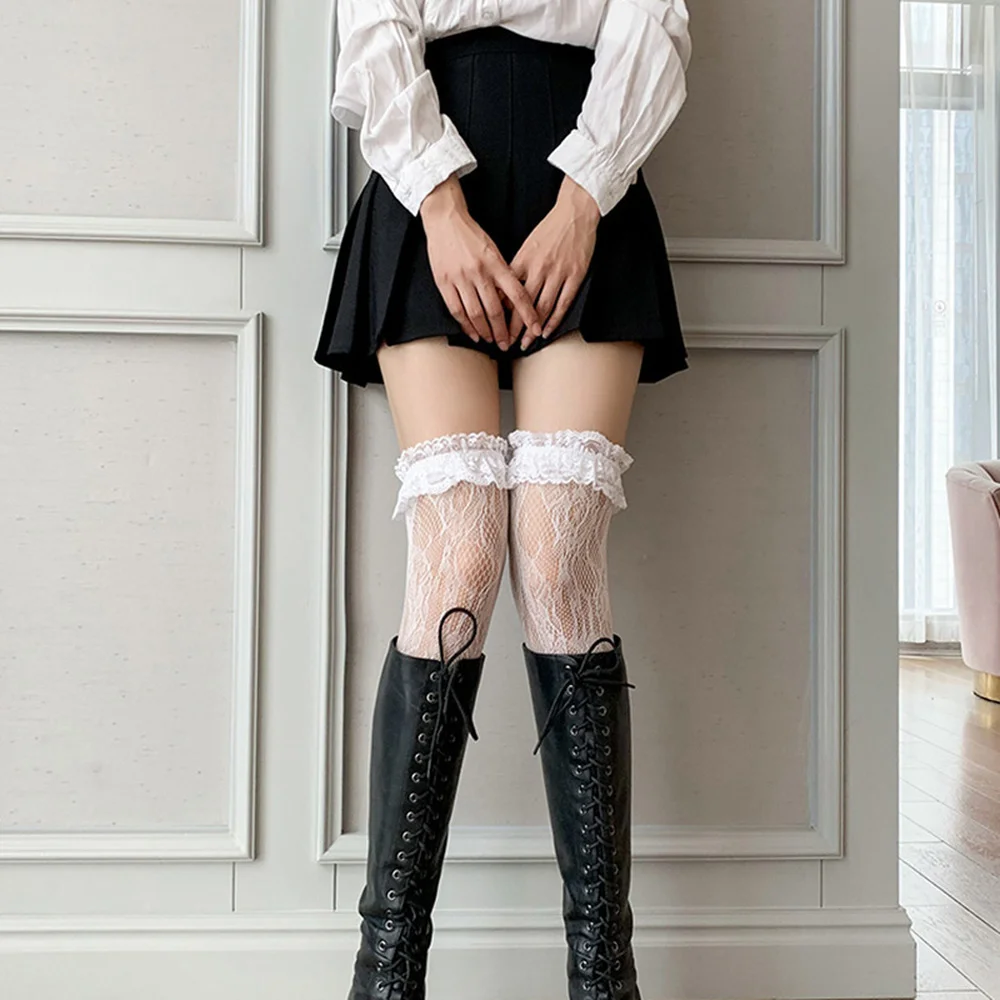 

Maid Lace Lolita Stockings Over Knee Socks Black White Long Socks Sweet Women Girls Boots Socks Cosplay Costumes Accessories