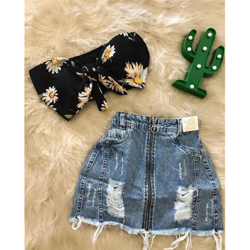 

Pudcoco 2Pcs 1-6Y Infant Kids Baby Girls Summer Fashion Clothes Set Bowknot Sunflower Crops Tops Vest Ripped Denim Skirts Outfit