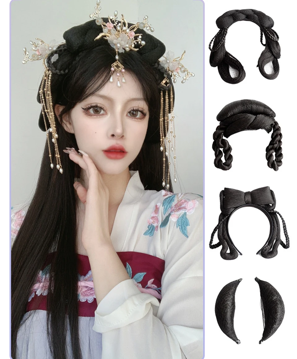 

Китайский старинный женский парик Hanfu, парики, головной убор, аксессуары для фотосъемки, парики черного цвета для женщин, интегрированные во...