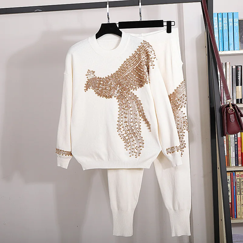 

Autumn Winter Women Outfits Fashion Sequins Beading Phoenix Long Sleeve Knitted Sweater + Harlan Feet Pants Two Piece Set H1591
