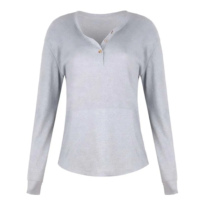 

2020 Autumn Oversized T-shirt Women Button Ribbed T Shirt Female Long Sleeve Oversize Tshirt Ladies Pocket Tee Shirt Female