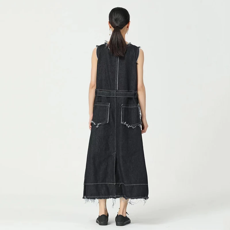 

CHICEVER Solid Casual Denim Dress For Women O Neck Sleeveless Loose Oversized A Line Mid Dresses Female 2021 Summer Clothing New