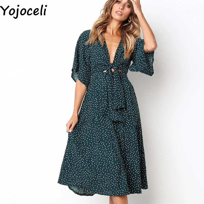 Женское пляжное платье Yojoceli Элегантное Длинное Повседневное в горошек с бантом