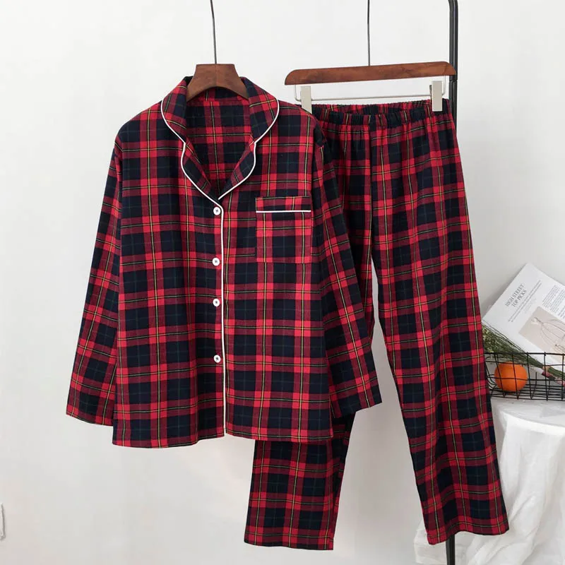 

Women Pajamas Cotton Red Plaid Print Pajamas Set Long Sleeve Sleepwear Turn-down Collar Home Clothes Casual Pajamas For Women