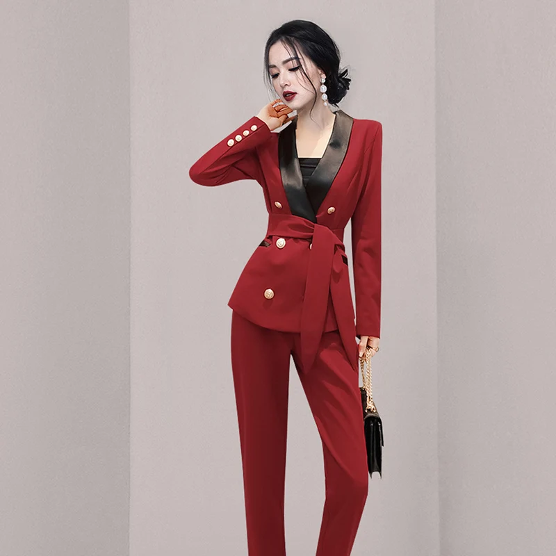 

Elegant Office Women Pant Suits Two-Piece Set Solid Double-Breasted Blazers Jacket Autumn Winter Korean Clothing Female Outfit