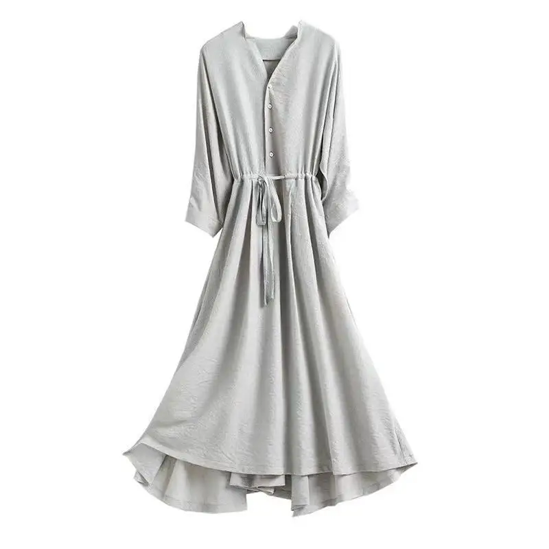 

Korean style Sashes Plus size 4XL A-line Dresses Women Casual loose Half sleeve Buttons Dress Office Lady Solid color Pullover