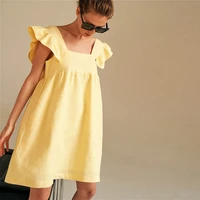 square collar butterfly sleeve mini sweet dress woman casual backless high waist loose linen solid dress doll 2021 summer yellow