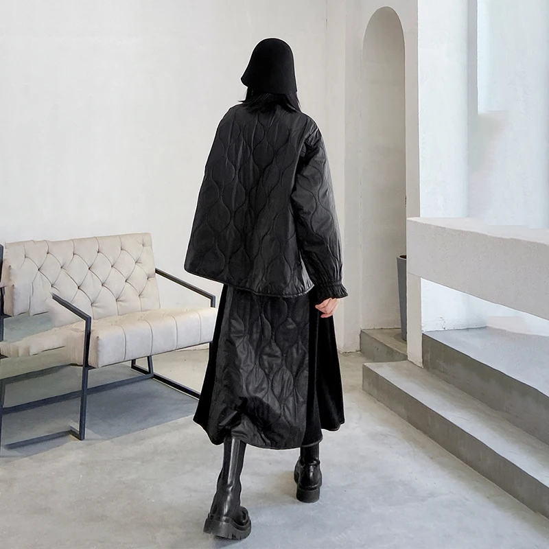 

Thck Half-body Skirt Two Pieces Suit New Round Neck Long Sleeve Black Loose Women Fashion Tide Spring Autumn 2021 1DD1460