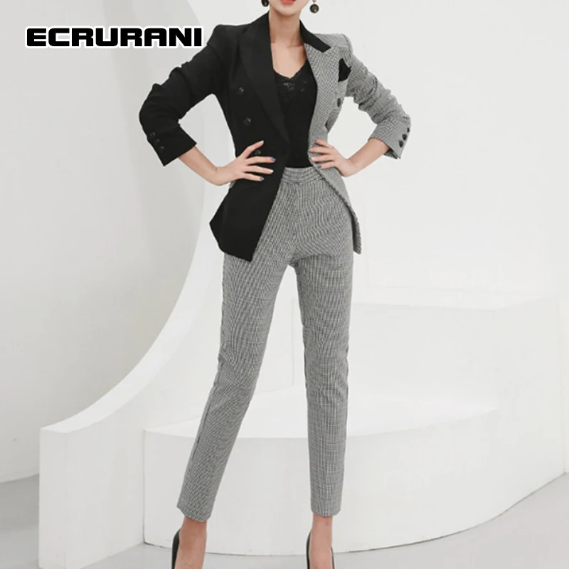 

ECRURANI Colorblock Women's Trousers Suits Notched Long Sleeve Blazers High Waist Full Length Pants 2021 Autumn Sets For Females