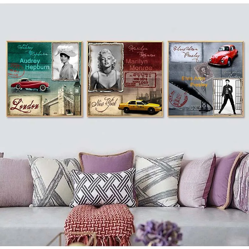 Famous Women Audrey Hepburn Wall Art Marilyn Monroe and Elvis Aron Car Canvas Painting Prints And Posters Ladies Room Décor | Дом и сад