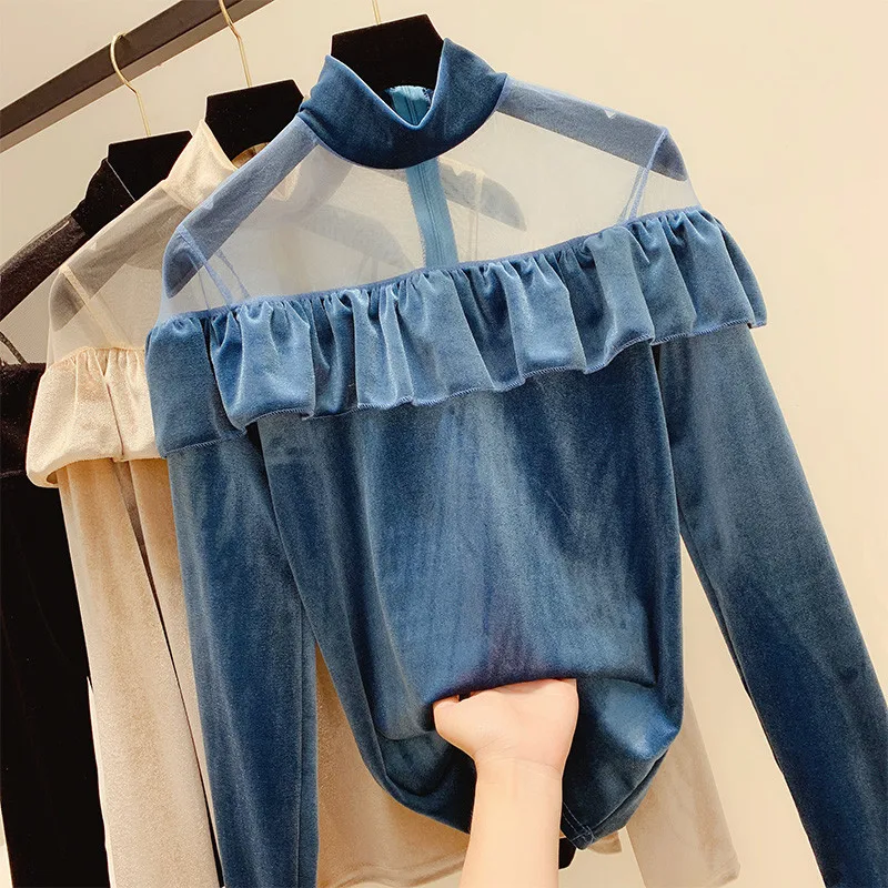 

Spring Autumn Women Mesh Patchwork Velvet Shirt Female Long Sleeve Ruffle Blouse All Match Bottoming Blouses Short Tops AB1712