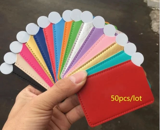 Wholesale 50pcs/lot Portable Mini Card Style Pocket Cosmetic Mirror PU Leather Cover Stainless Steel Unbreakable Makeup Mirror