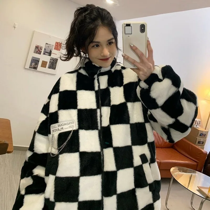 

Куртка женская утепленная в черно-белую клетку, пальто в готическом стиле, Повседневная Уличная одежда в Корейском стиле, верхняя одежда ов...