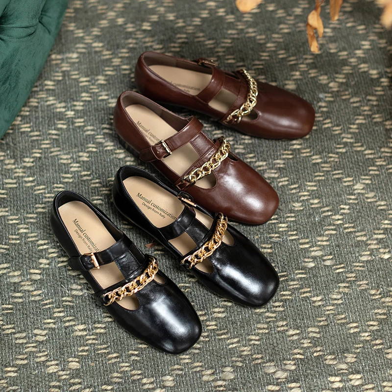 

Women Shoes Natural Leather pumps 22-24.5cm cowhide Sheepskin insole Metal chain T-shaped buckle toe Mary Jane shoes spring