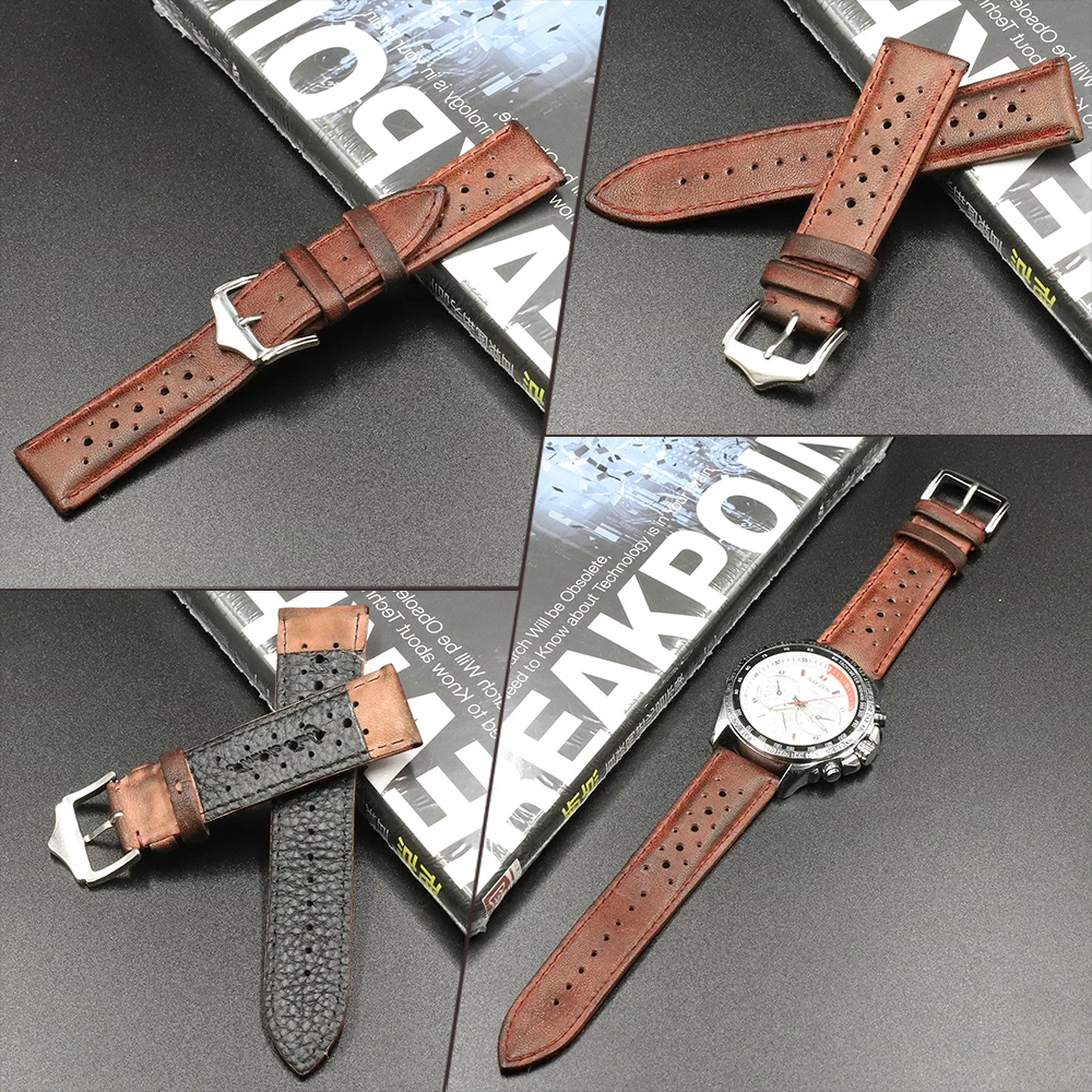 18mm 20mm 22mm 24mm Handmade Genuine Leather Watch Strap Vintage Black Blue Brown Green Watchbands High Quality Men's Watch Band images - 6