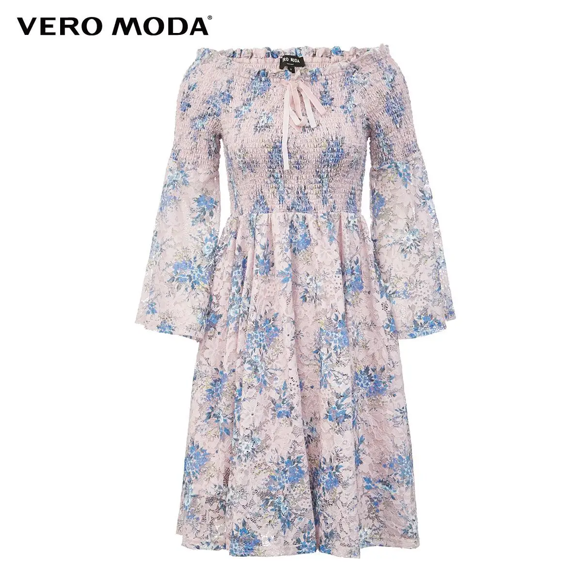 

Vero Moda Women Vacation Printed Lace Off-the-shoulder Elastic Slash Neck 3/4 Sleeves Dress | 320161523