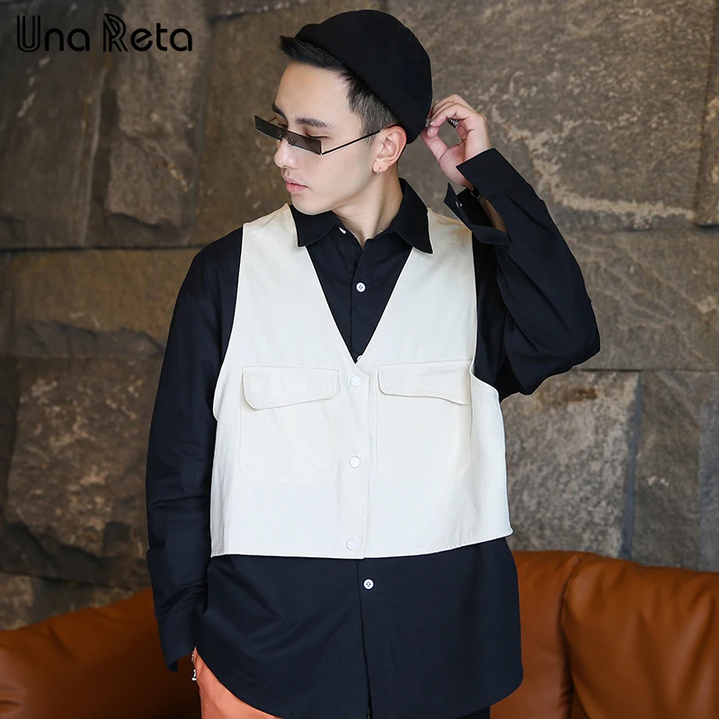 

Una Reta Hip hop Men Shirt New Spring Autumn Fashion Fake two vest stitching Shirts Man High quality Casual Tops Men Streetwear