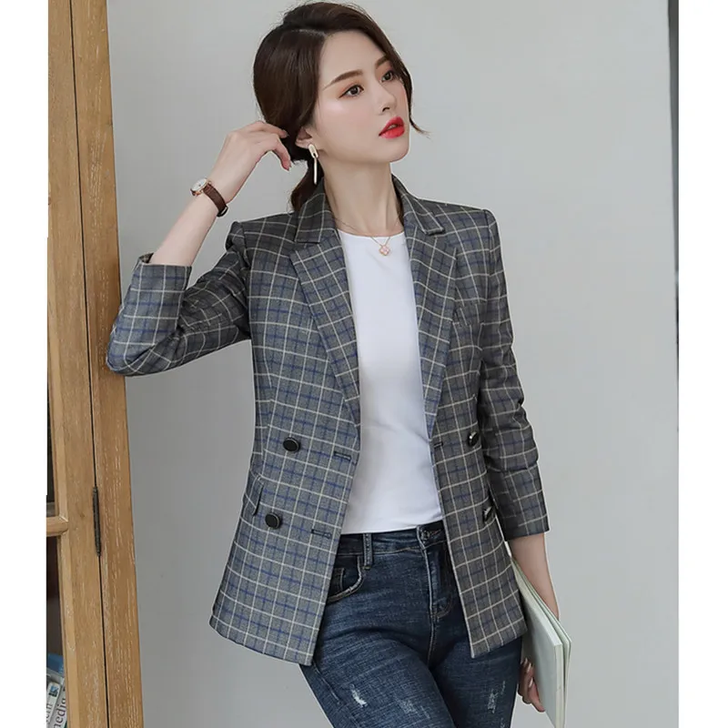 Женский клетчатый пиджак Осенний офисный винтажный с длинным рукавом деловой