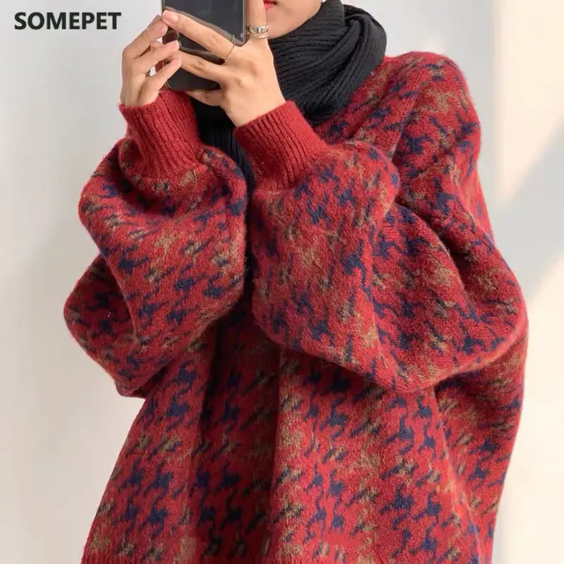 

Women Pullover Patchwork Loose Lantern Sleeve Simple Knitted Sweater Female Elegant All-match Trendy Oversize Streetwear Clothes