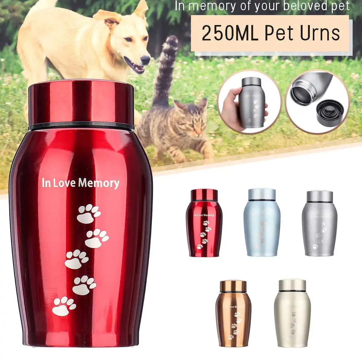 

5 Colors Stainless steel Urns Pets Dog Cat Birds Mouse Cremation Ashes Urn Keepsake Casket Columbarium Pets Memorials 250ML