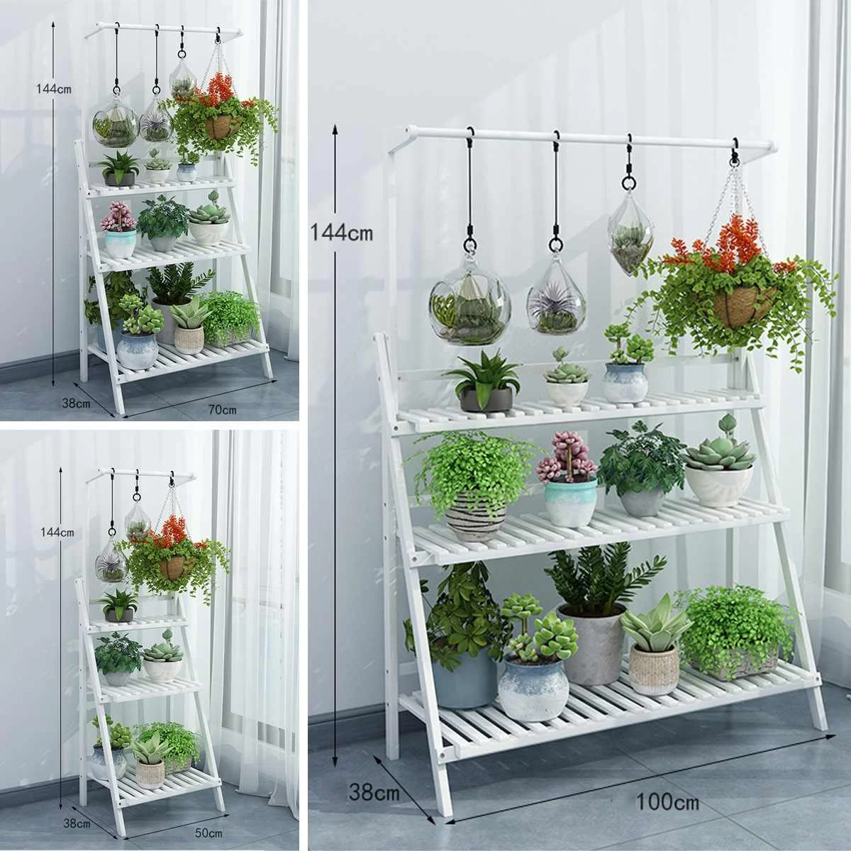 

3 Tier Hanging Flower Plant Holder Stand Rack Wood Shelves Balcony Flower Plant Stand Garden Bonsai Display Shelf 50/70/100cm