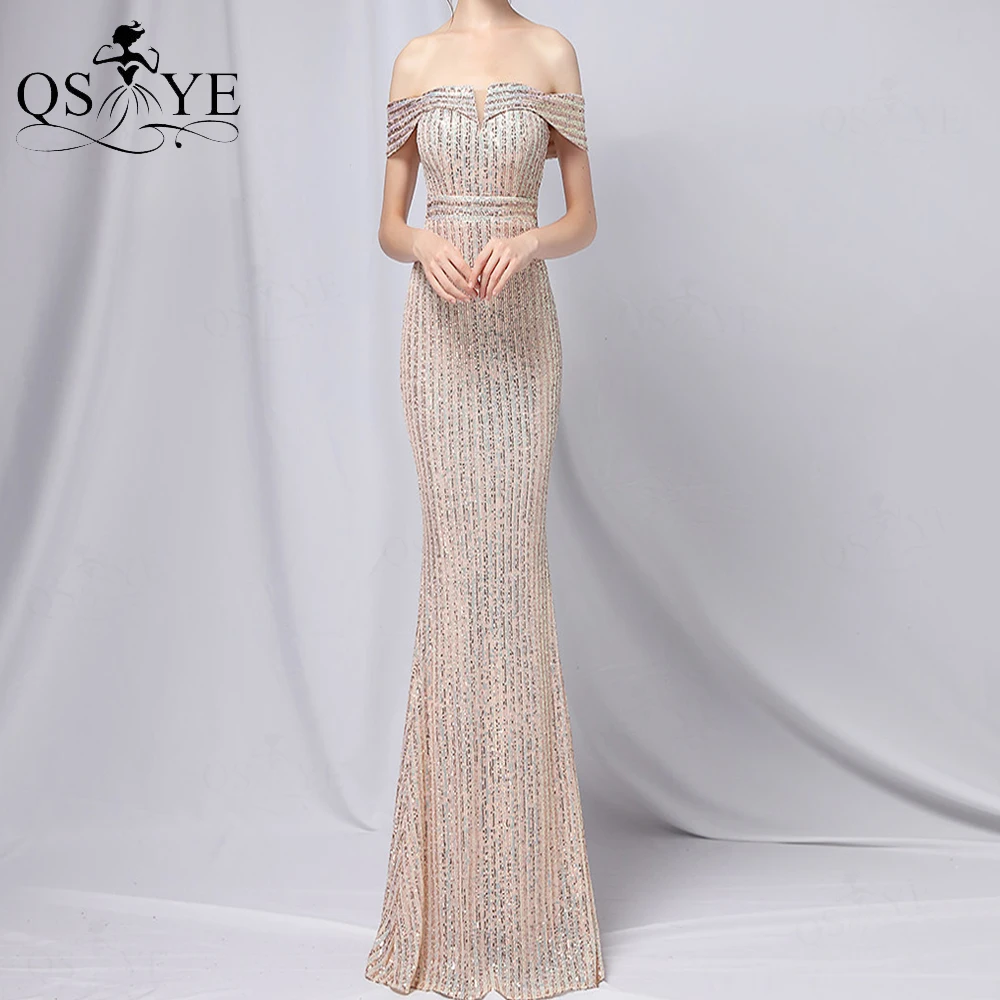 

Off Shoulder Gold Prom Dress Long Twill Sequin Evening Gown Side Sleeves Formal Party Dress Triangle V Net Women Mermaid Gown