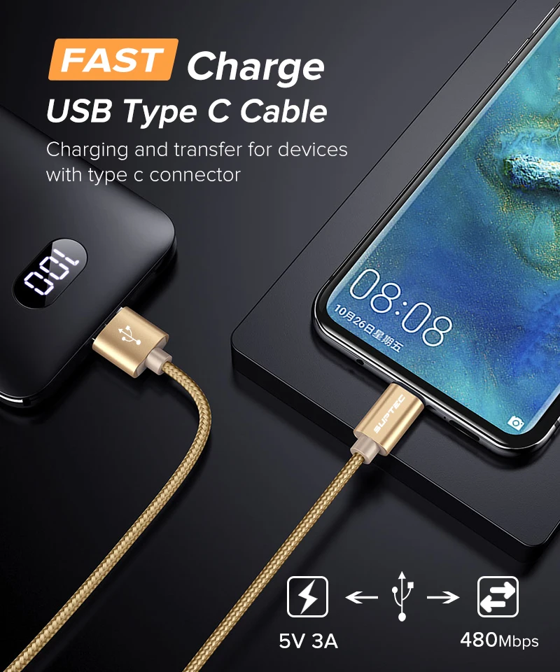 SUPTEC usb type-C кабель 3A провод для быстрого заряда USB-C кабель для передачи данных Quick Charge 3,0 шнур для samsung S9 S8 Xiaomi mi9 type-C устройств