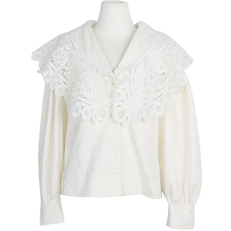 

TEELYNN lantern long sleeve white blouse women 2020 vintage splice lace shirt v neck elegant cotton Lady's blouses blusa top