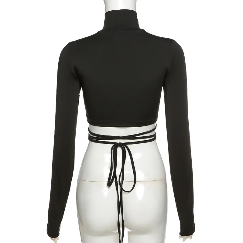 

OrangeA Nice Spring Women Sexy Hollow Out T-Shirt Drawstring Lace Up Turtleneck Ruched Tops Hot Street Party Clubwear Outfits