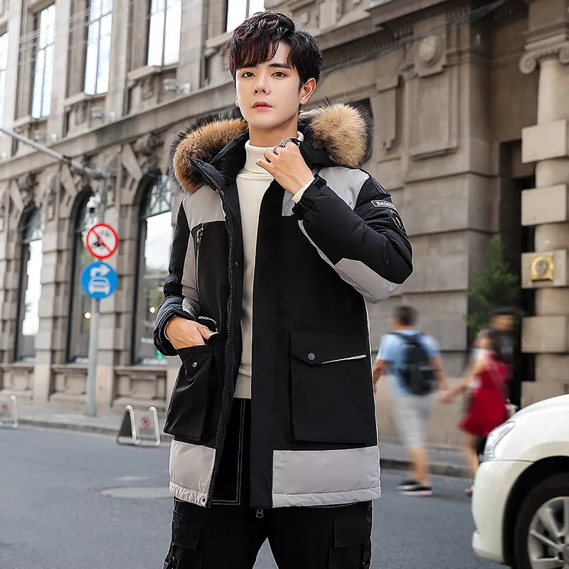 Мужской зимний пуховик с меховым капюшоном 80% утиный пух плотное теплое пальто