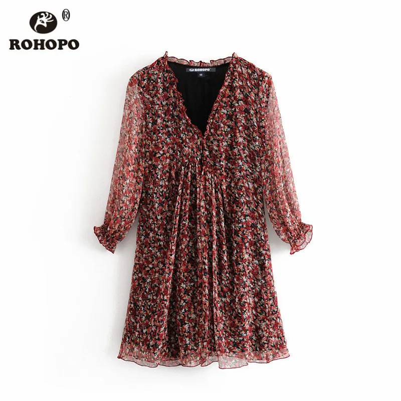 ROHOPO Двухслойное цветочное элегантное средней длины рукав платье оверлок край
