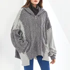 Женский вязаный свитер с капюшоном, Свободный кардиган контрастных цветов с длинными рукавами и карманами, одежда в Корейском стиле для весны и осени, 2021