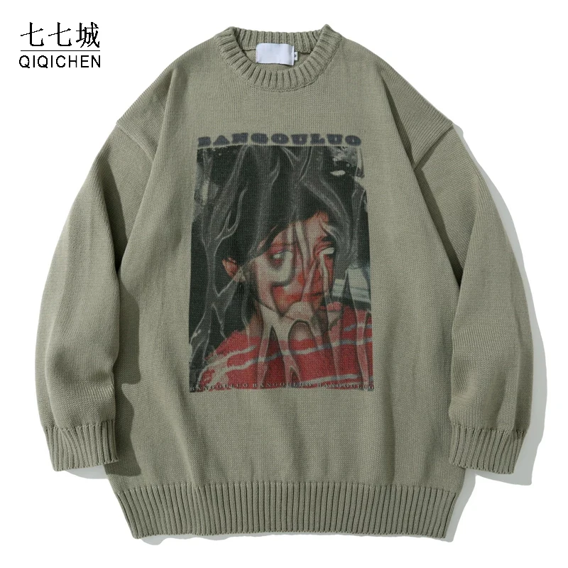 

Harajuku Knitting Sweater Men Hip Hop Crying Girl Pattern Punk Sweaters Streetwear Women Casual Loose Retro Winter Pullover 2021